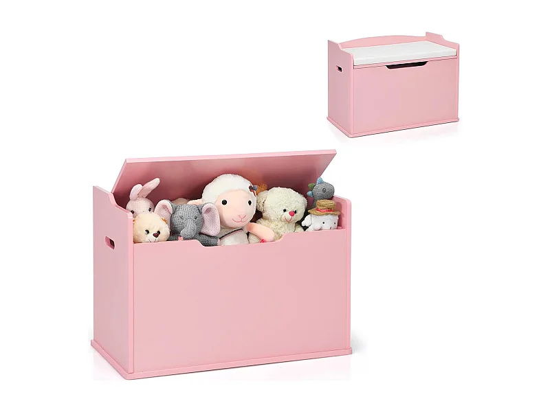Speelgoedkist met deksel, 2-in-1 speelgoedkist met kussen, houten speelgoedkast met handgrepen, speelgoedopslag voor kinderkamer 74 x 39 x 52 cm (roze)TI88811