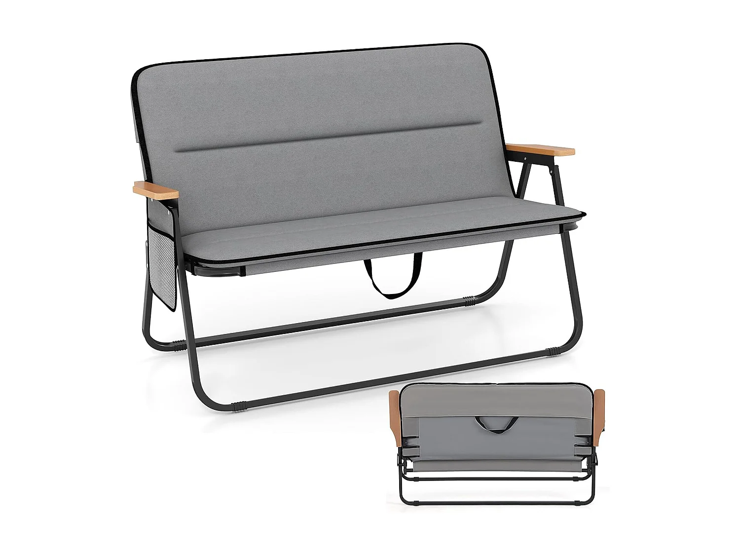 Campingstoel voor 2 personen, klapstoel met afneembaar kussen, zijzak en armleuningen, 300 kg draagvermogen,vouwbank voor buiten, tuin, camping, grijsZB33127