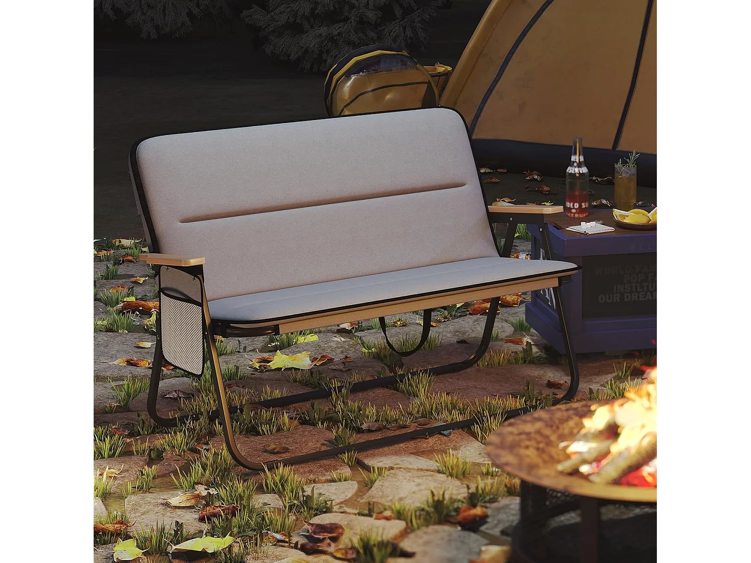 Campingstoel voor 2 personen, klapstoel met afneembaar kussen, zijzak en armleuningen, 300 kg draagvermogen,vouwbank voor buiten, tuin, camping, grijsZB33127