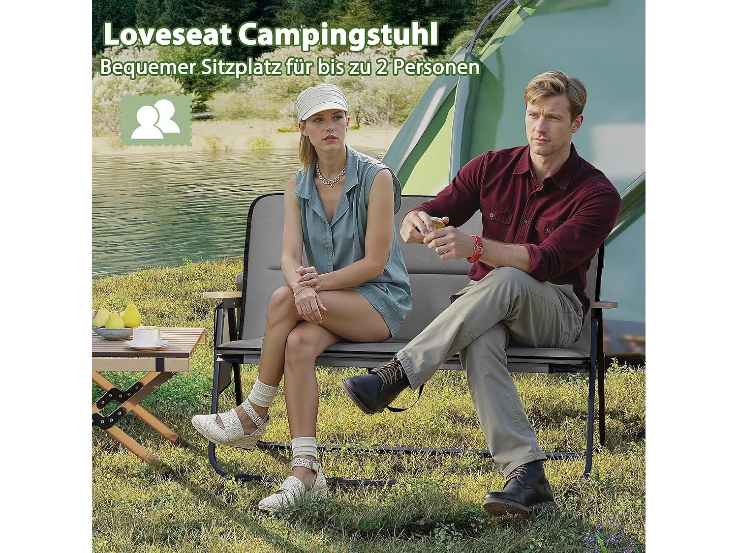 Campingstoel voor 2 personen, klapstoel met afneembaar kussen, zijzak en armleuningen, 300 kg draagvermogen,vouwbank voor buiten, tuin, camping, grijsZB33127