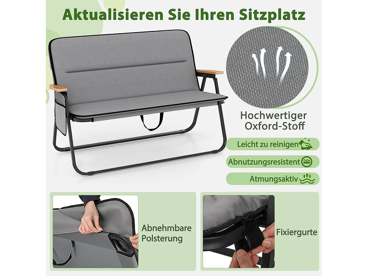 Campingstoel voor 2 personen, klapstoel met afneembaar kussen, zijzak en armleuningen, 300 kg draagvermogen,vouwbank voor buiten, tuin, camping, grijsZB33127