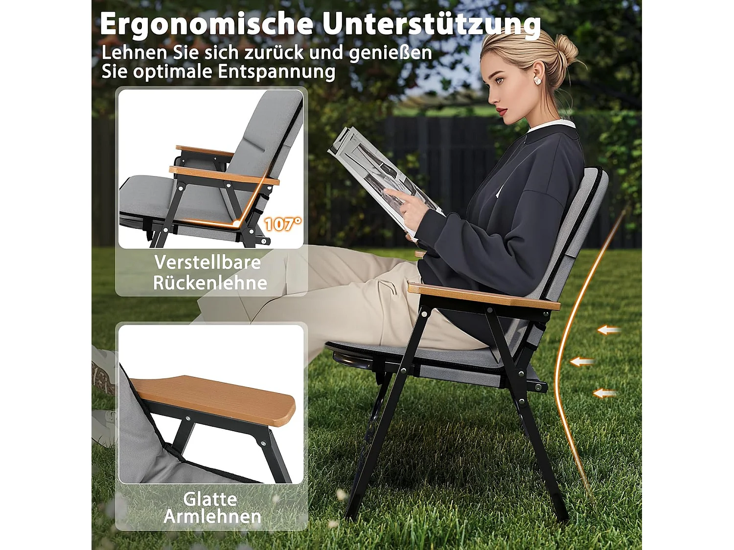 Campingstoel voor 2 personen, klapstoel met afneembaar kussen, zijzak en armleuningen, 300 kg draagvermogen,vouwbank voor buiten, tuin, camping, grijsZB33127