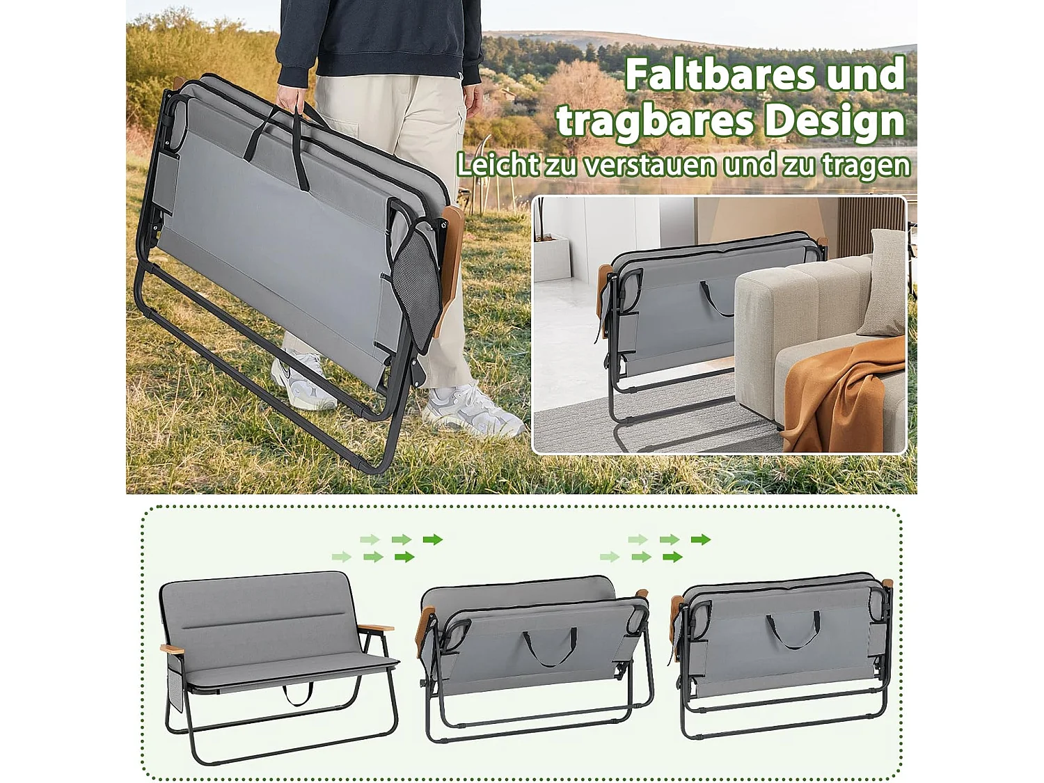 Campingstoel voor 2 personen, klapstoel met afneembaar kussen, zijzak en armleuningen, 300 kg draagvermogen,vouwbank voor buiten, tuin, camping, grijsZB33127