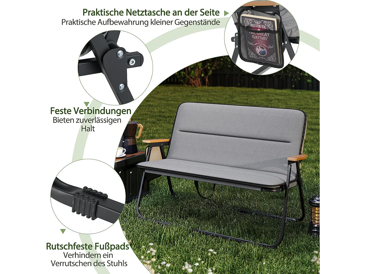 Campingstoel voor 2 personen, klapstoel met afneembaar kussen, zijzak en armleuningen, 300 kg draagvermogen,vouwbank voor buiten, tuin, camping, grijsZB33127