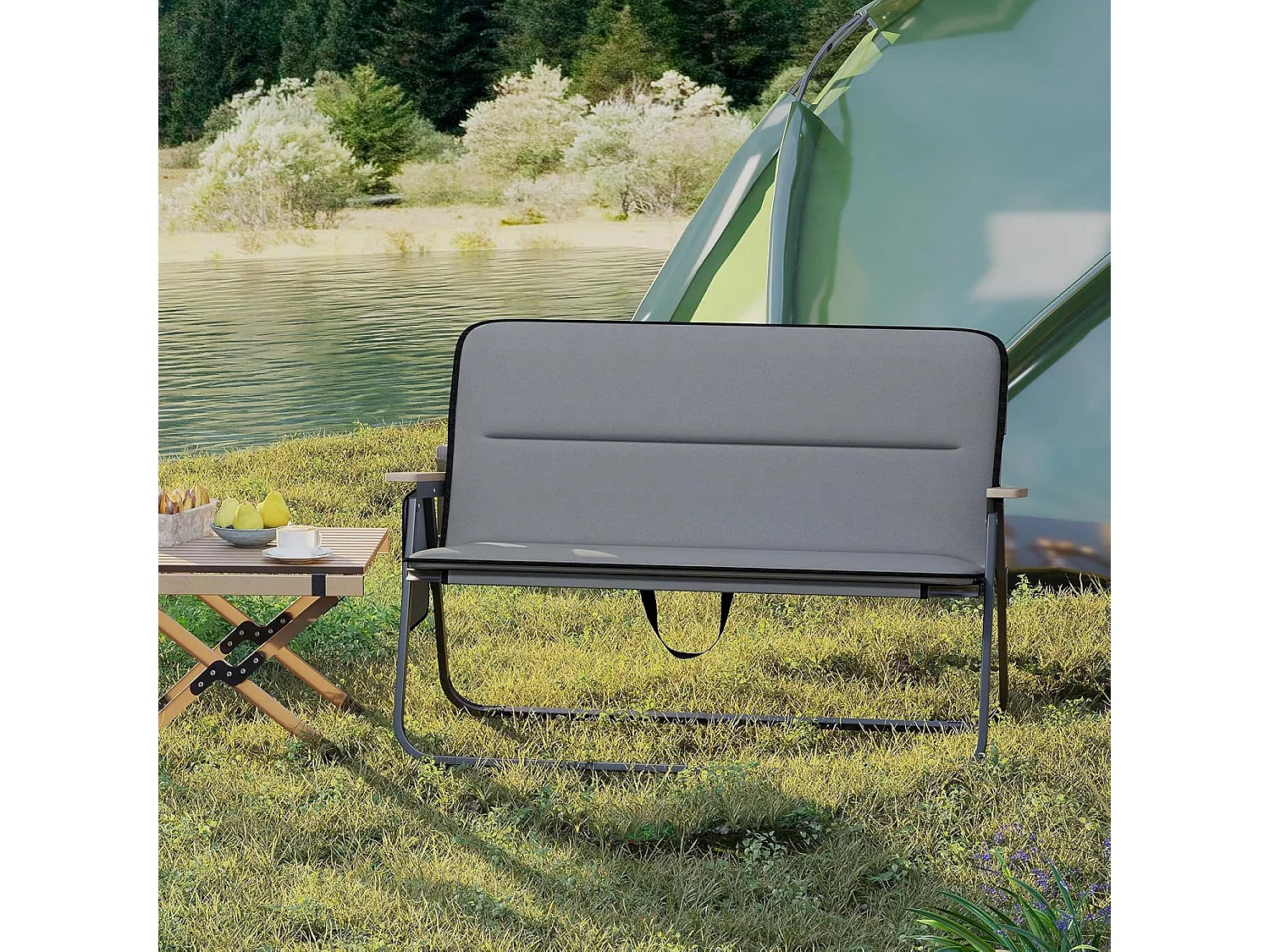 Campingstoel voor 2 personen, klapstoel met afneembaar kussen, zijzak en armleuningen, 300 kg draagvermogen,vouwbank voor buiten, tuin, camping, grijsZB33127