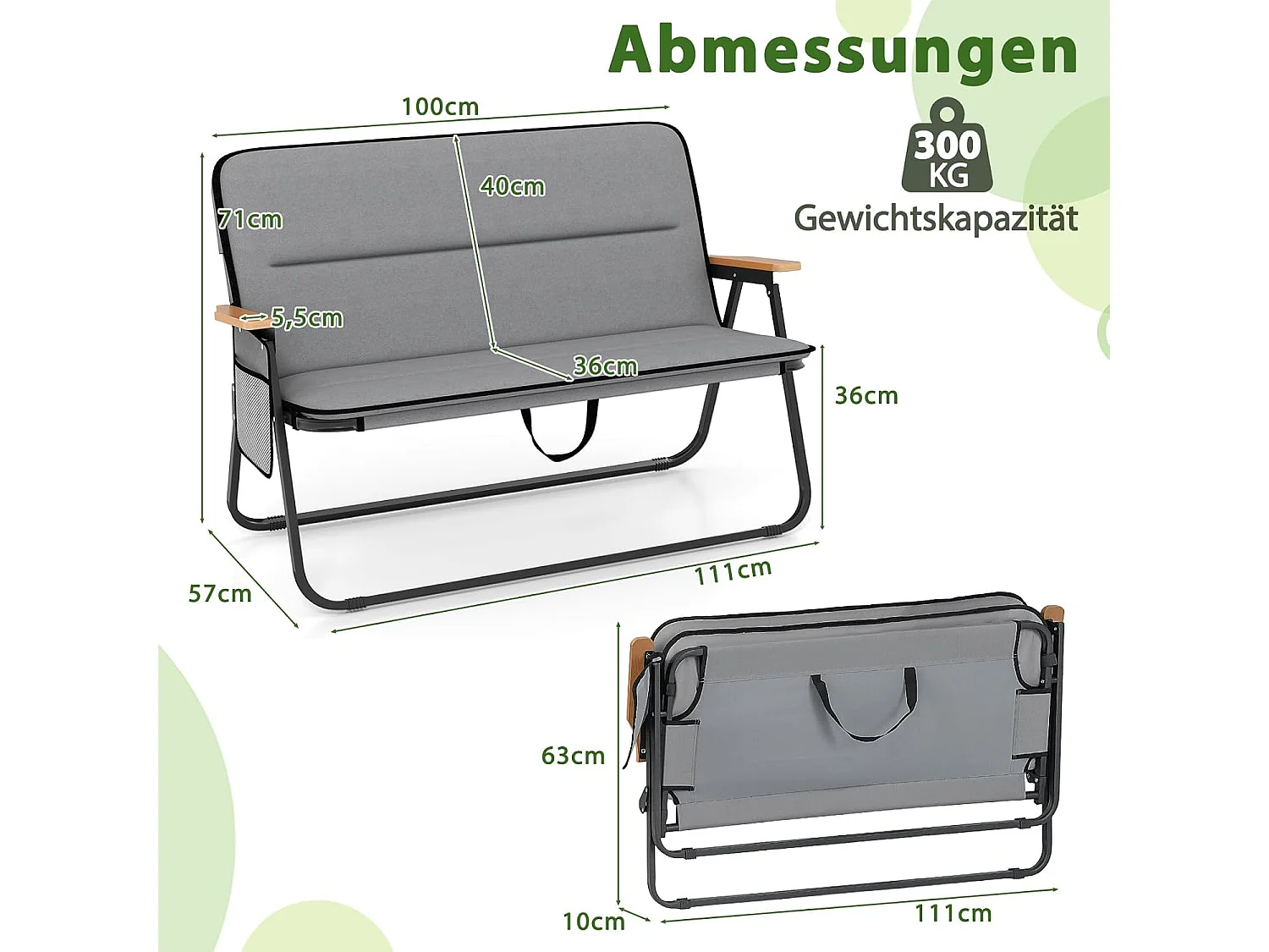 Campingstoel voor 2 personen, klapstoel met afneembaar kussen, zijzak en armleuningen, 300 kg draagvermogen,vouwbank voor buiten, tuin, camping, grijsZB33127