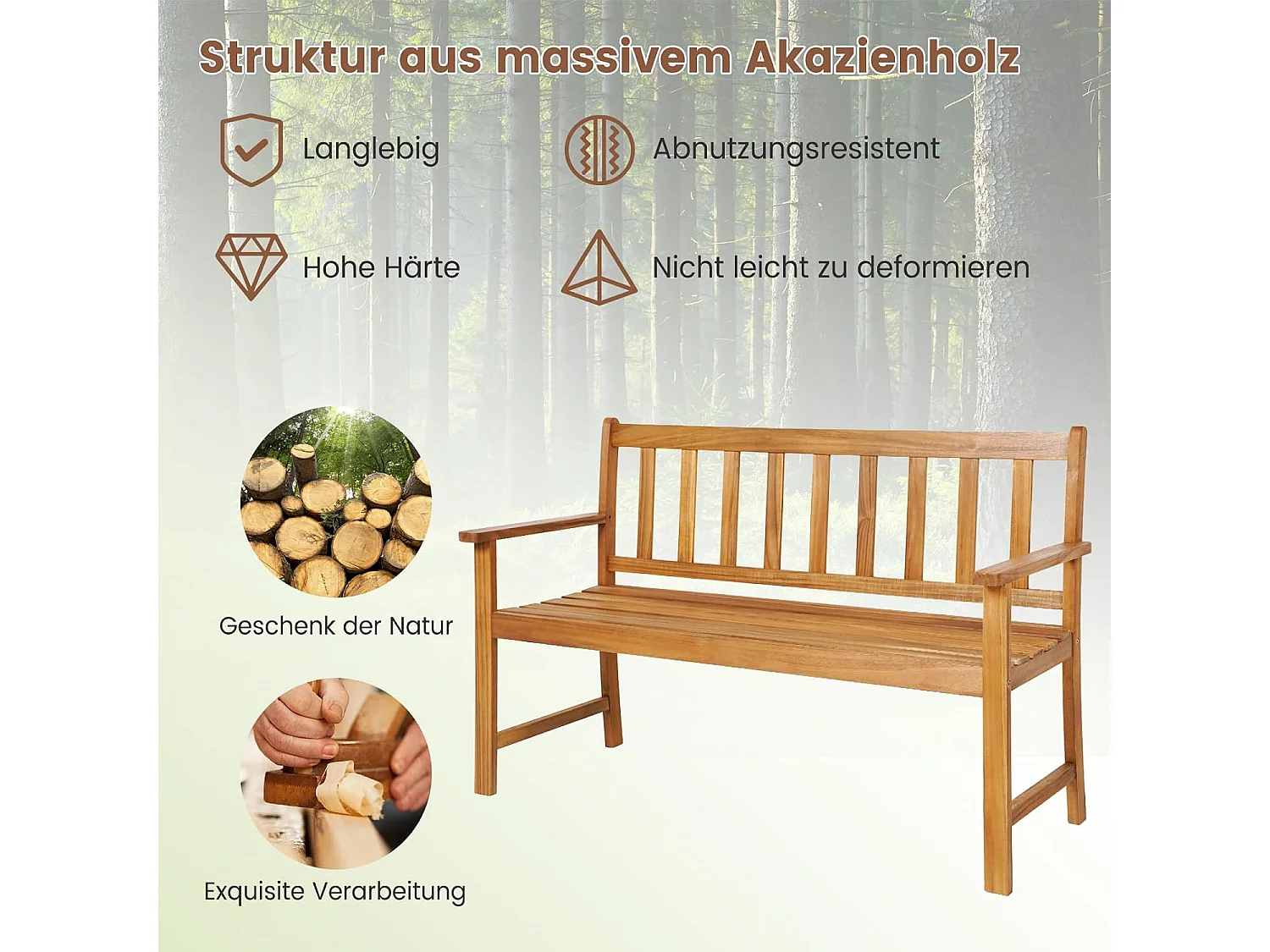 Tuinbank van acaciahout, massieve houten bank, belastbaar tot 360 kg, 2-zits, terrasbank, parkeerbank voor terras, balkon, tuin