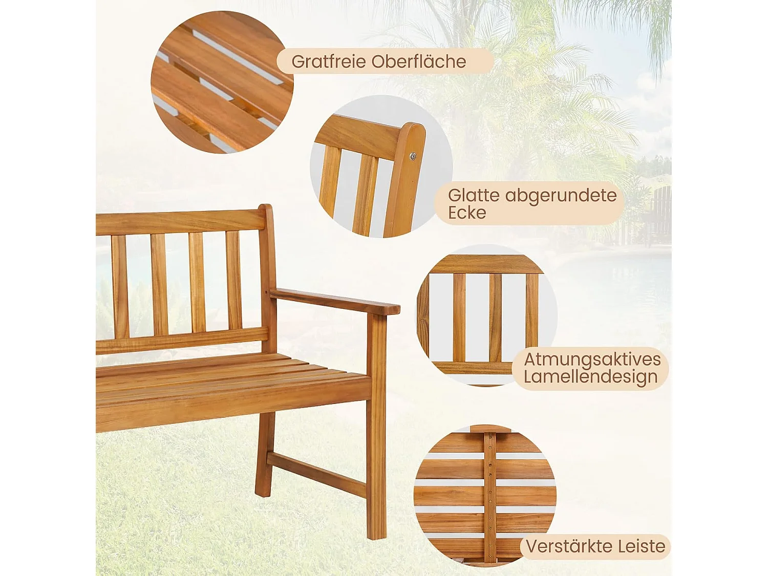 Tuinbank van acaciahout, massieve houten bank, belastbaar tot 360 kg, 2-zits, terrasbank, parkeerbank voor terras, balkon, tuin