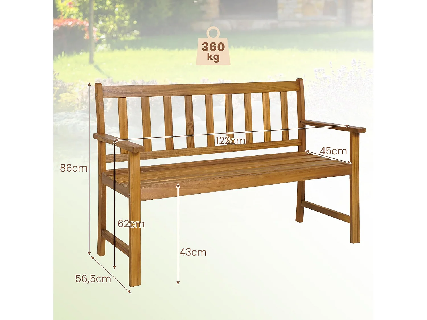 Tuinbank van acaciahout, massieve houten bank, belastbaar tot 360 kg, 2-zits, terrasbank, parkeerbank voor terras, balkon, tuin
