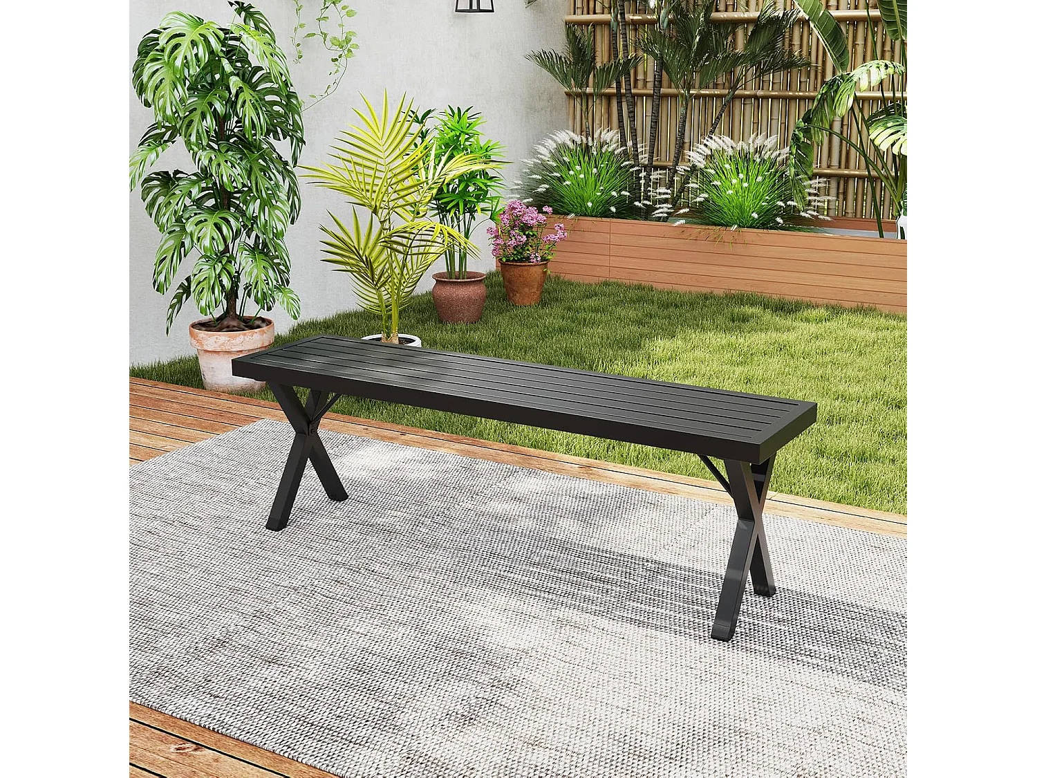 Tuinbank, metaal, weerbestendig, 3-zits zitbank zonder rugleuning, balkonbank, parkbank, metalen bank, belastbaar tot 360 kg,terras, 138 x 36 x 46 cm