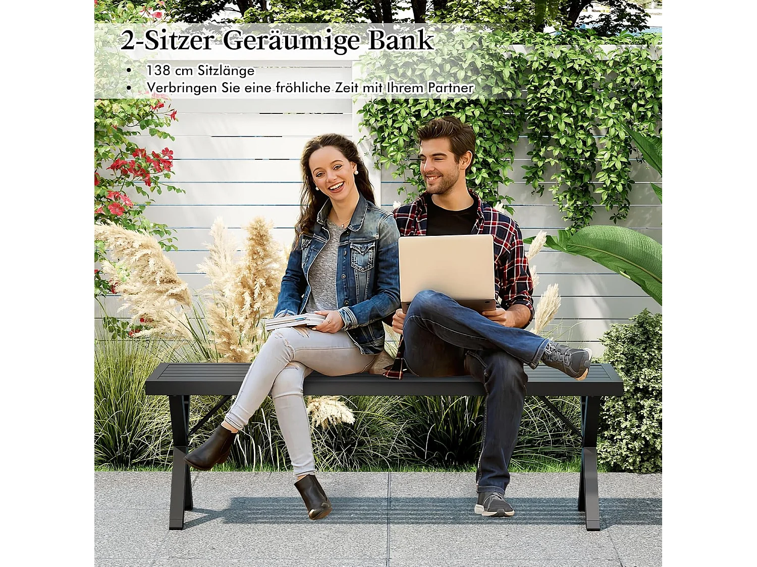 Tuinbank, metaal, weerbestendig, 3-zits zitbank zonder rugleuning, balkonbank, parkbank, metalen bank, belastbaar tot 360 kg,terras, 138 x 36 x 46 cm