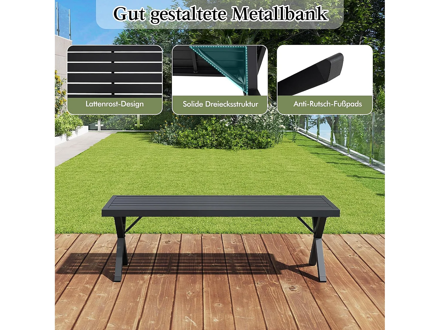 Tuinbank, metaal, weerbestendig, 3-zits zitbank zonder rugleuning, balkonbank, parkbank, metalen bank, belastbaar tot 360 kg,terras, 138 x 36 x 46 cm