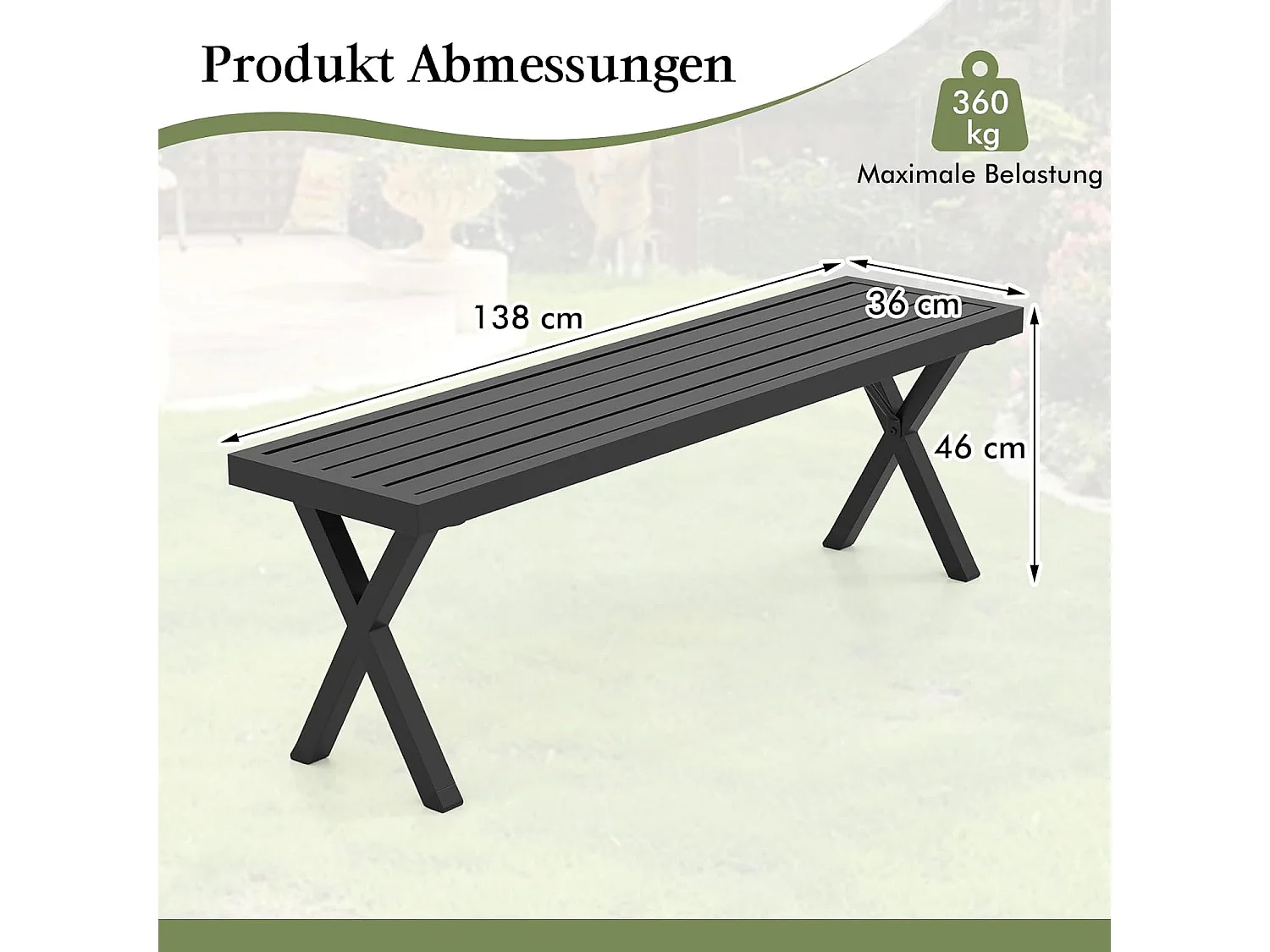 Tuinbank, metaal, weerbestendig, 3-zits zitbank zonder rugleuning, balkonbank, parkbank, metalen bank, belastbaar tot 360 kg,terras, 138 x 36 x 46 cm
