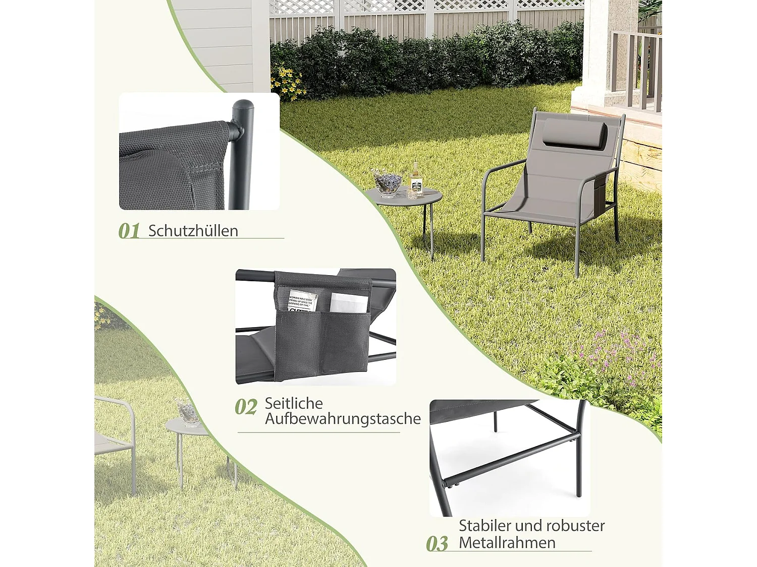 Balkonmeubelset, 3-delig, tuinmeubelset met 2 stoelen en tafel, balkonset met ademende zitstof, terrasmeubels, tuinset, zitgroep voor tuin, balkon, terras ZB33800