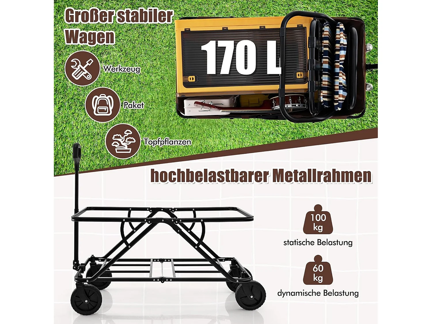 Bolderkar, opvouwbaar, handwagen met verstelbare handgreep,bekerhouders en opbergtas,tuinwagen tot 100 kg belastbaar, transportwagen voor winkelen, kamperenZB33965