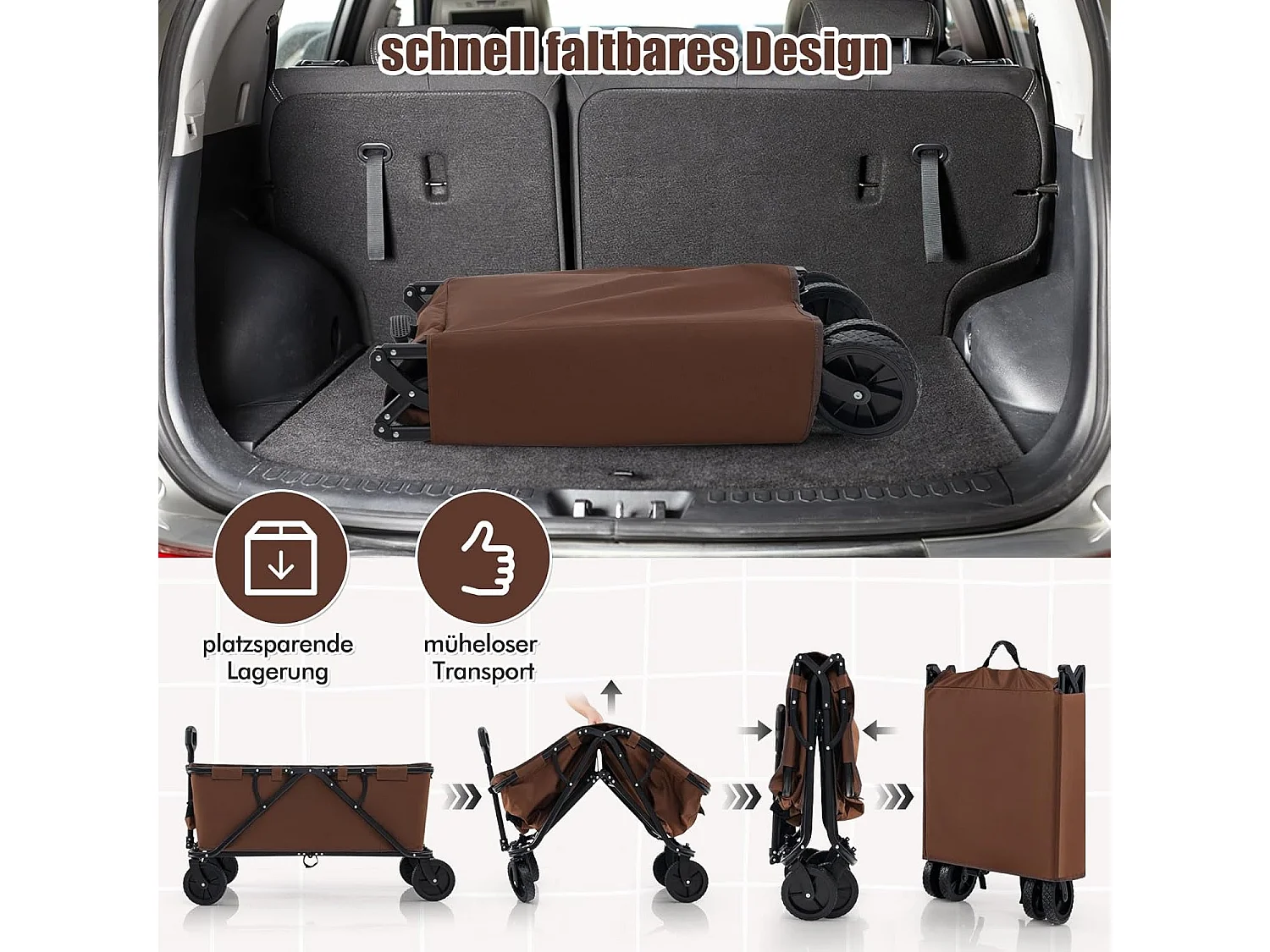 Bolderkar, opvouwbaar, handwagen met verstelbare handgreep,bekerhouders en opbergtas,tuinwagen tot 100 kg belastbaar, transportwagen voor winkelen, kamperenZB33965