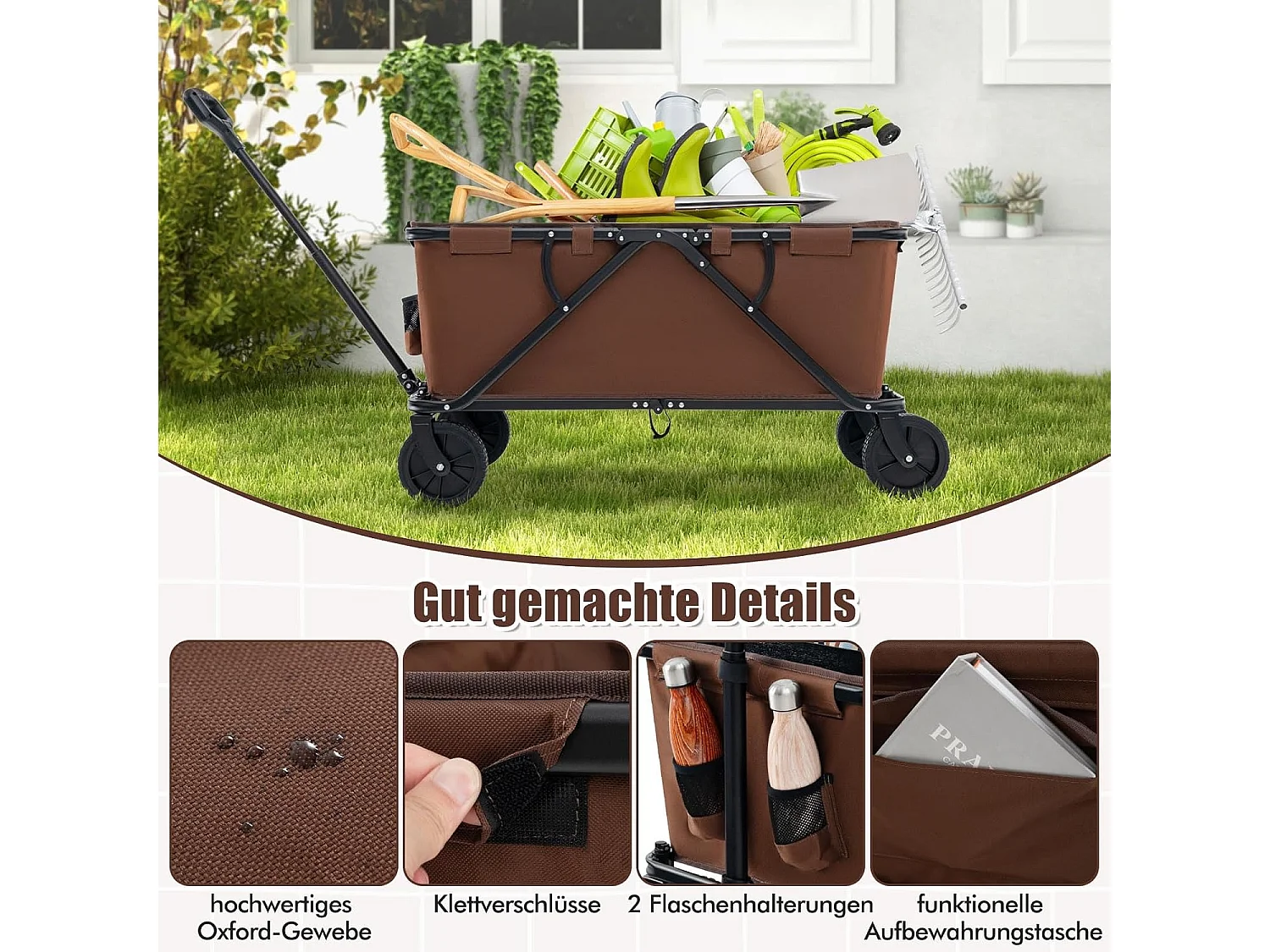 Bolderkar, opvouwbaar, handwagen met verstelbare handgreep,bekerhouders en opbergtas,tuinwagen tot 100 kg belastbaar, transportwagen voor winkelen, kamperenZB33965