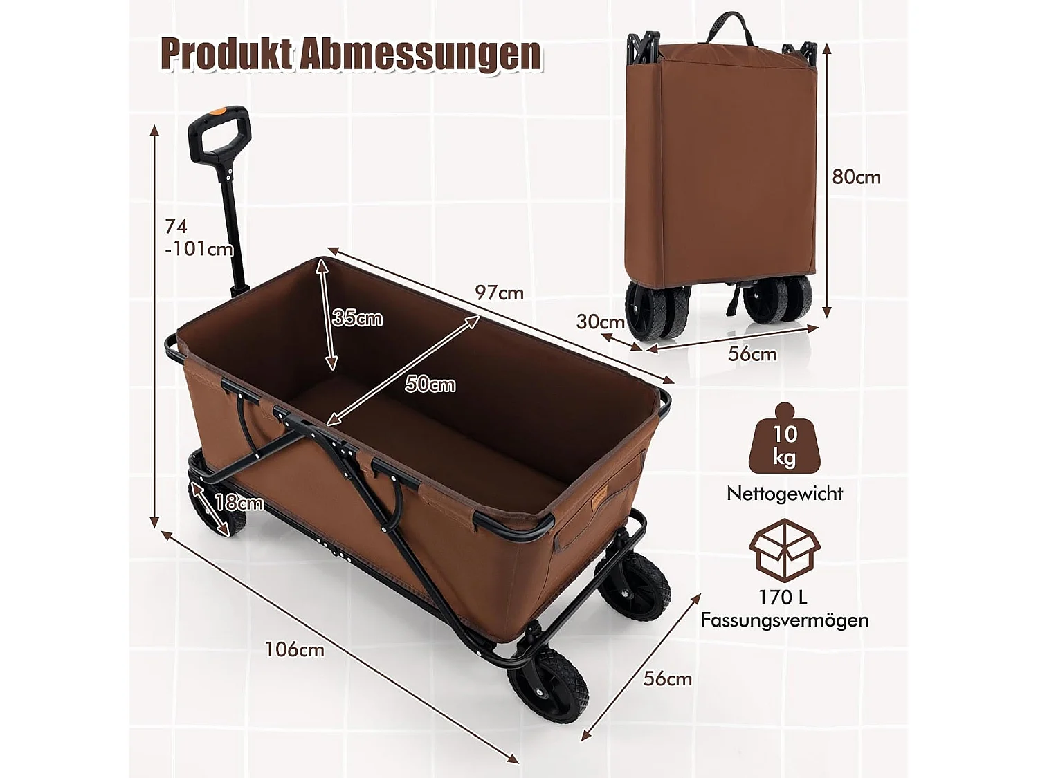 Bolderkar, opvouwbaar, handwagen met verstelbare handgreep,bekerhouders en opbergtas,tuinwagen tot 100 kg belastbaar, transportwagen voor winkelen, kamperenZB33965