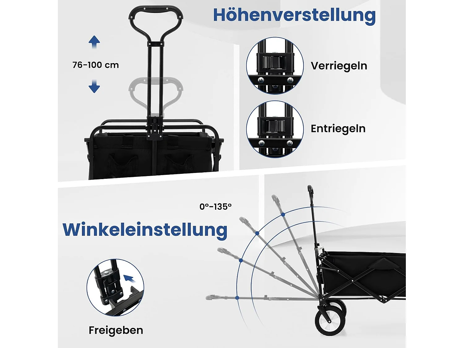 Bolderkar, opvouwbaar, handwagen met verstelbare handgreep en bekerhouders, tuinwagen tot 68 kg belastbaar, transportwagen voor winkelen, kamperen (zwart)ZB33724