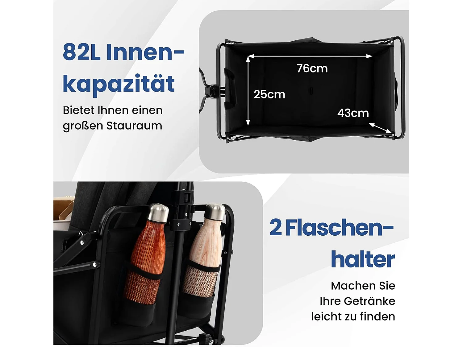 Bolderkar, opvouwbaar, handwagen met verstelbare handgreep en bekerhouders, tuinwagen tot 68 kg belastbaar, transportwagen voor winkelen, kamperen (zwart)ZB33724