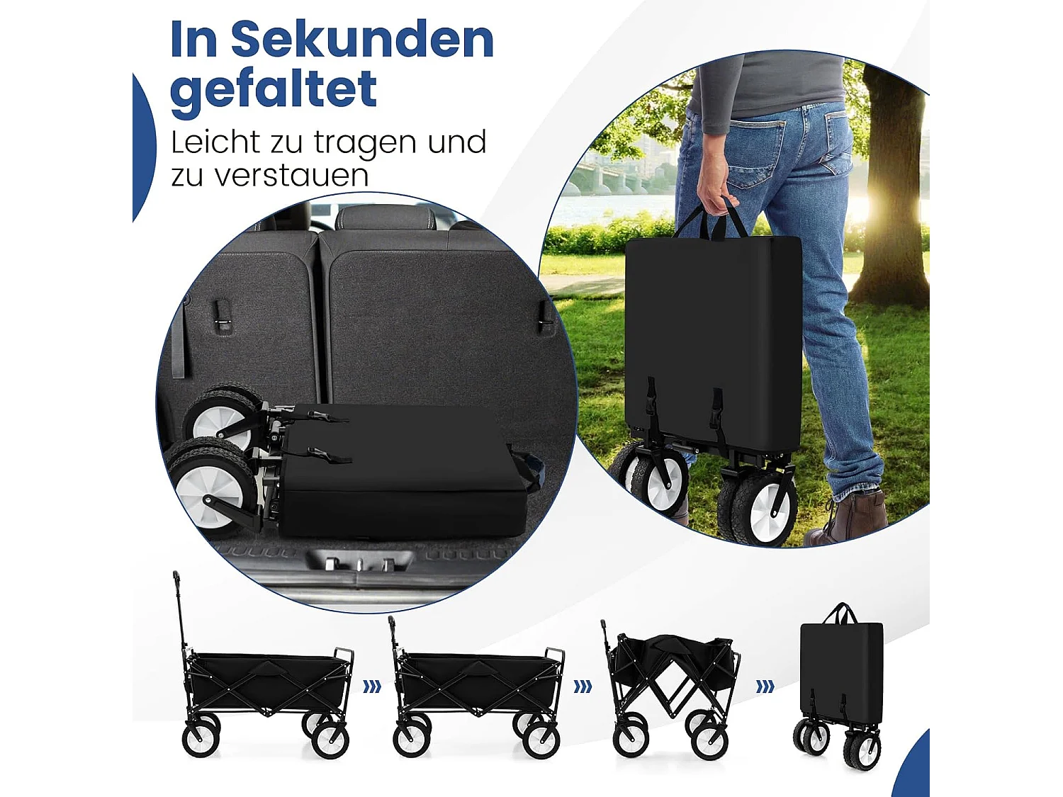 Bolderkar, opvouwbaar, handwagen met verstelbare handgreep en bekerhouders, tuinwagen tot 68 kg belastbaar, transportwagen voor winkelen, kamperen (zwart)ZB33724