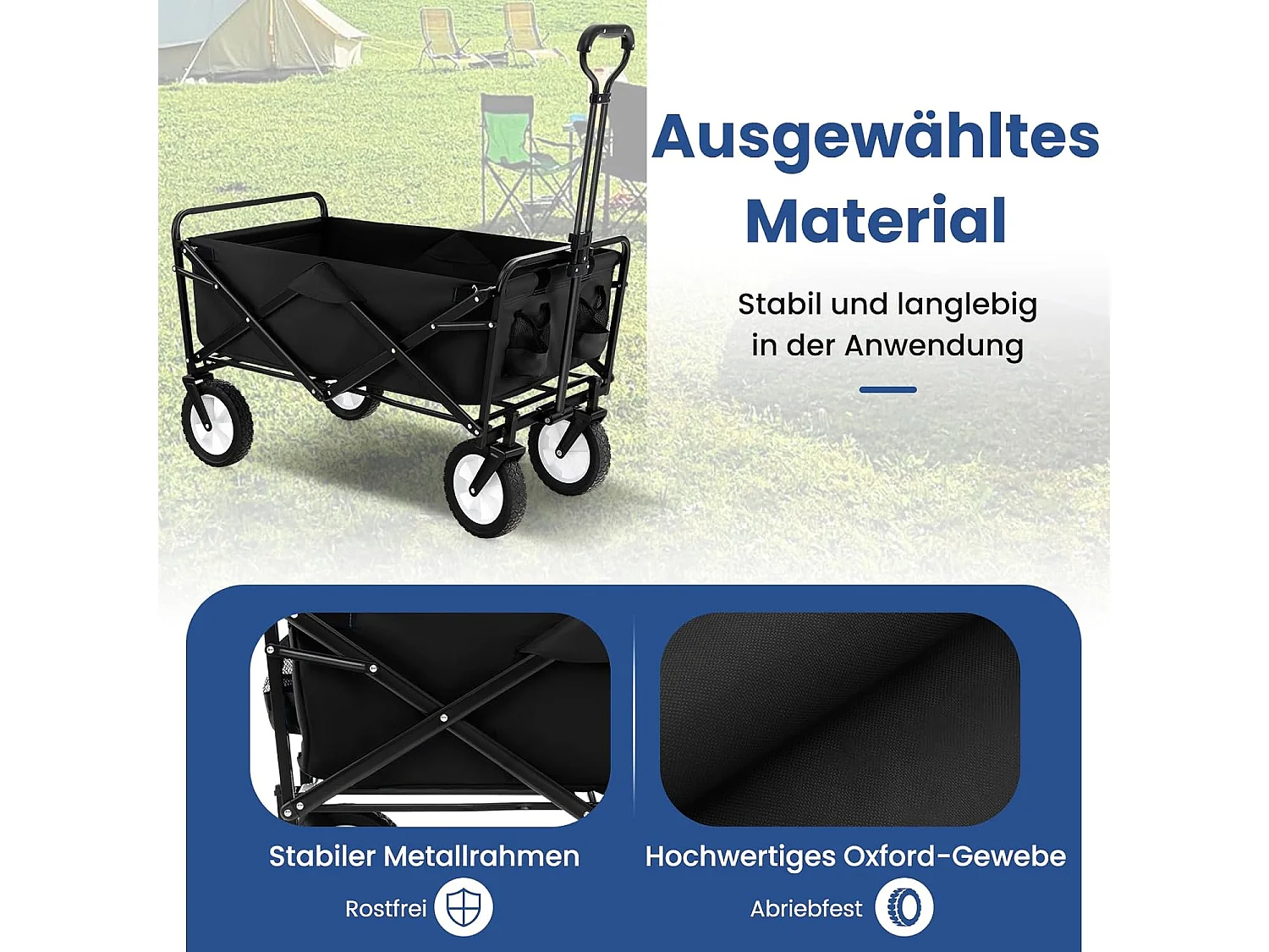 Bolderkar, opvouwbaar, handwagen met verstelbare handgreep en bekerhouders, tuinwagen tot 68 kg belastbaar, transportwagen voor winkelen, kamperen (zwart)ZB33724