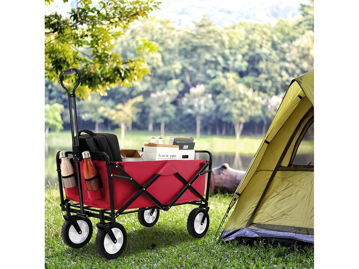 Bolderkar, opvouwbaar, handwagen met verstelbare handgreep en bekerhouders, tuinwagen, belastbaar tot 68 kg, transportwagen voor winkelen, kamperen, roodZB33724