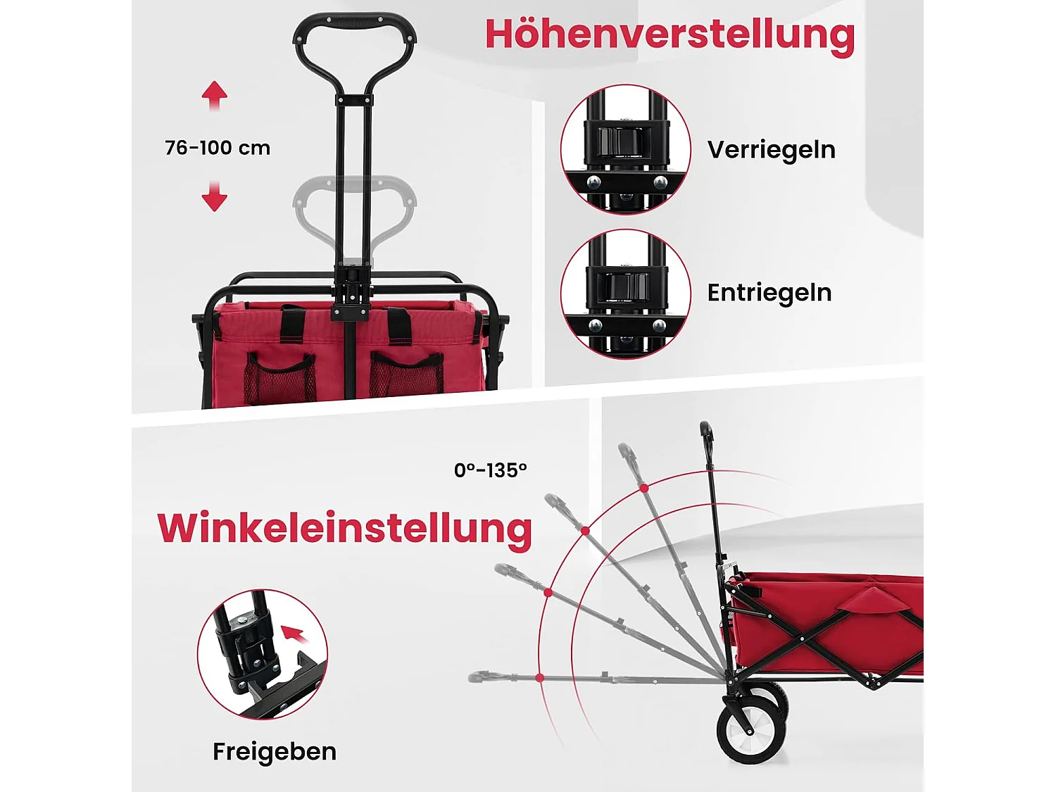 Bolderkar, opvouwbaar, handwagen met verstelbare handgreep en bekerhouders, tuinwagen, belastbaar tot 68 kg, transportwagen voor winkelen, kamperen, roodZB33724