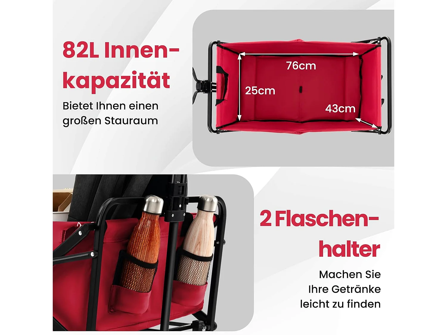 Bolderkar, opvouwbaar, handwagen met verstelbare handgreep en bekerhouders, tuinwagen, belastbaar tot 68 kg, transportwagen voor winkelen, kamperen, roodZB33724