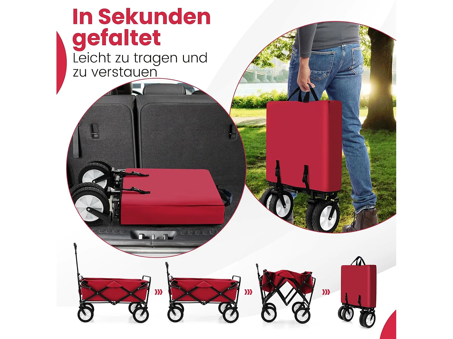 Bolderkar, opvouwbaar, handwagen met verstelbare handgreep en bekerhouders, tuinwagen, belastbaar tot 68 kg, transportwagen voor winkelen, kamperen, roodZB33724