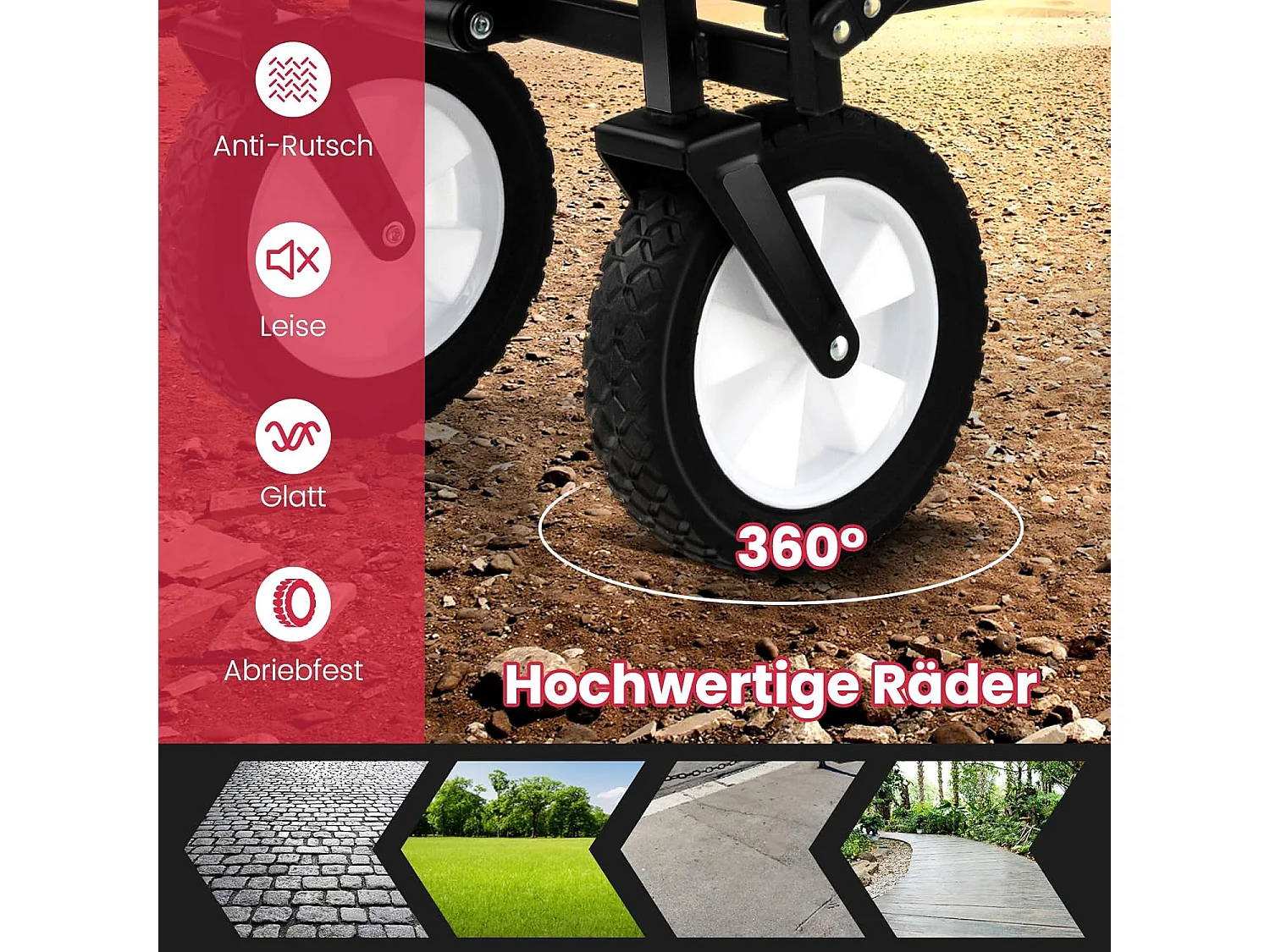 Bolderkar, opvouwbaar, handwagen met verstelbare handgreep en bekerhouders, tuinwagen, belastbaar tot 68 kg, transportwagen voor winkelen, kamperen, roodZB33724