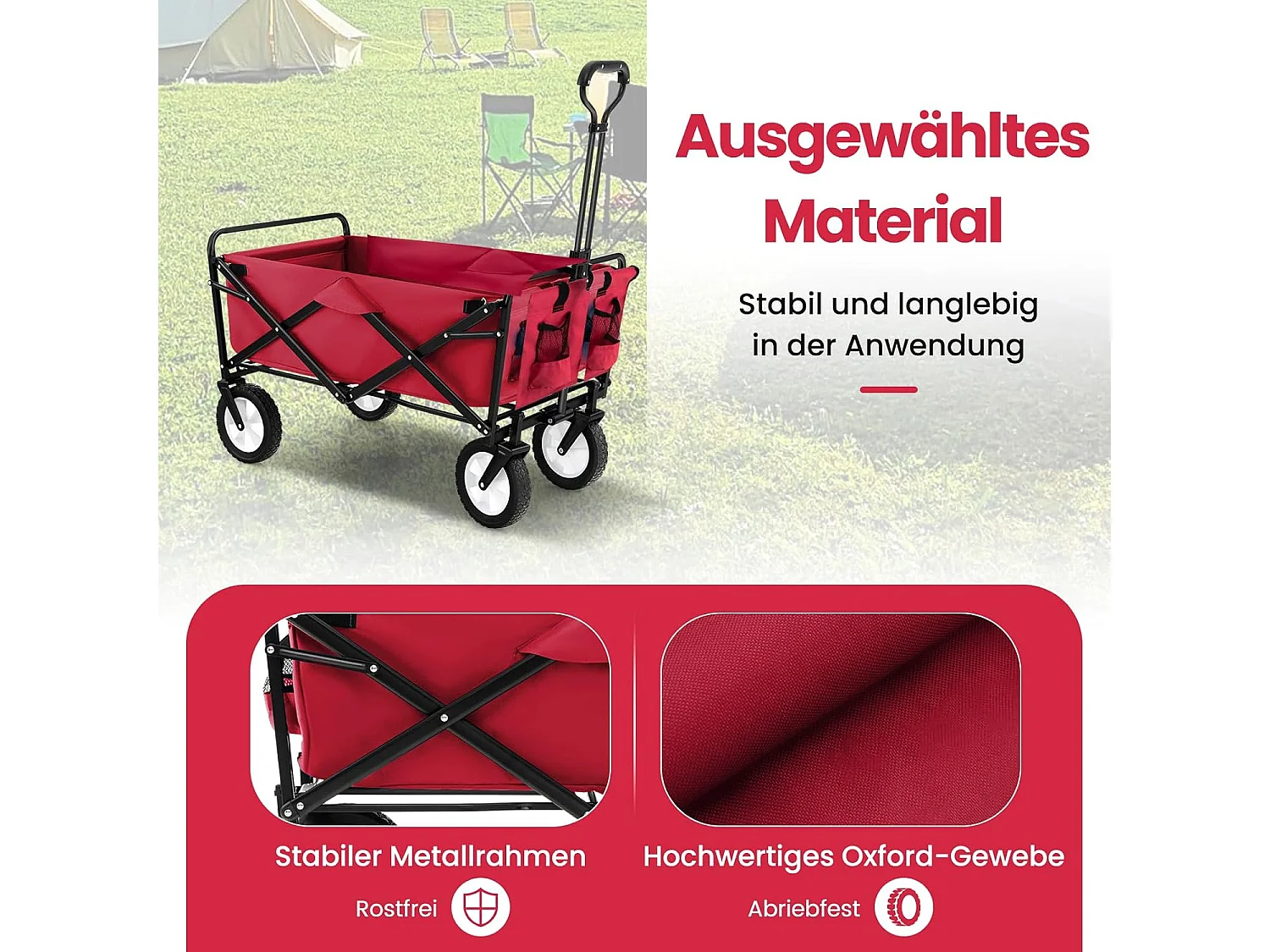 Bolderkar, opvouwbaar, handwagen met verstelbare handgreep en bekerhouders, tuinwagen, belastbaar tot 68 kg, transportwagen voor winkelen, kamperen, roodZB33724