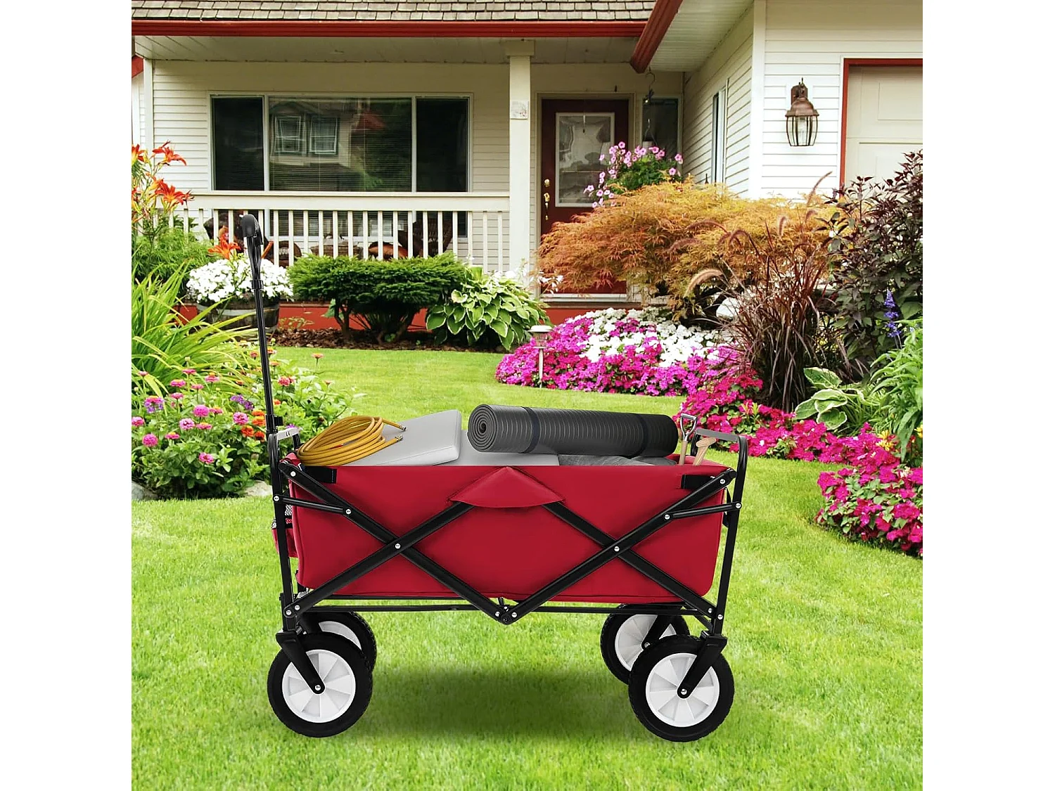 Bolderkar, opvouwbaar, handwagen met verstelbare handgreep en bekerhouders, tuinwagen, belastbaar tot 68 kg, transportwagen voor winkelen, kamperen, roodZB33724