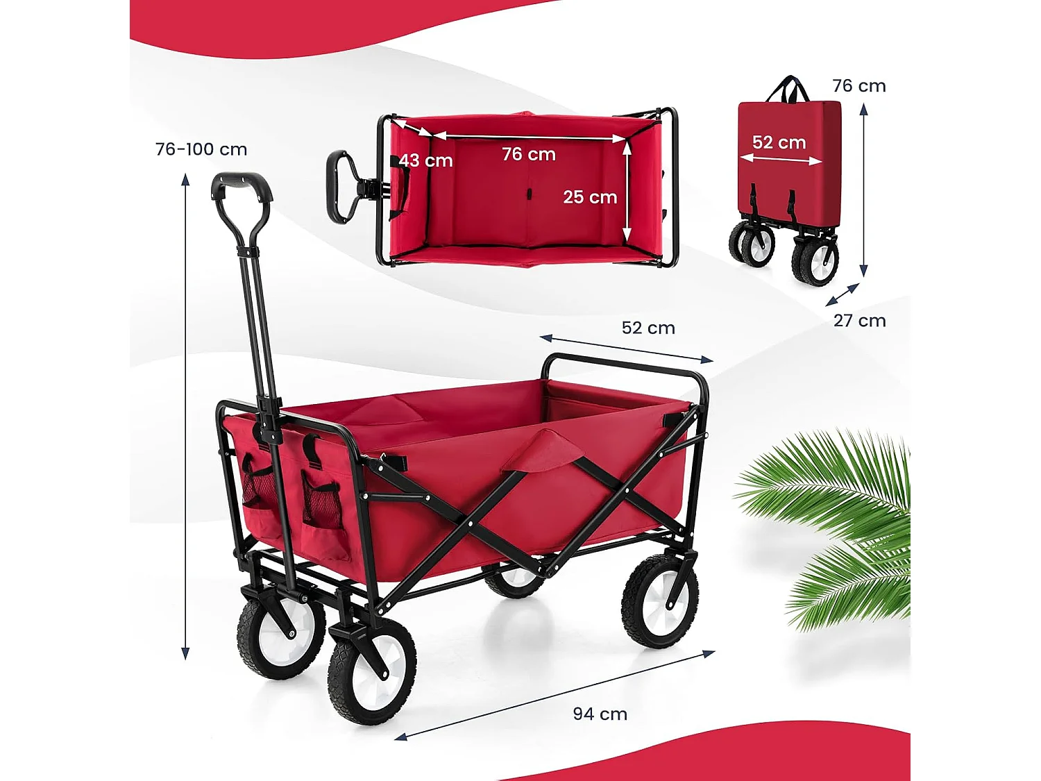 Bolderkar, opvouwbaar, handwagen met verstelbare handgreep en bekerhouders, tuinwagen, belastbaar tot 68 kg, transportwagen voor winkelen, kamperen, roodZB33724