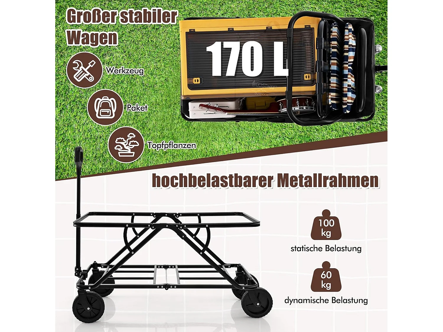 Bolderkar, opvouwbaar, handwagen met verstelbare handgreep, bekerhouders en opbergtas,tuinwagen tot 100 kg belastbaar,transportwagen voor winkelen,kamperen,ZB33965