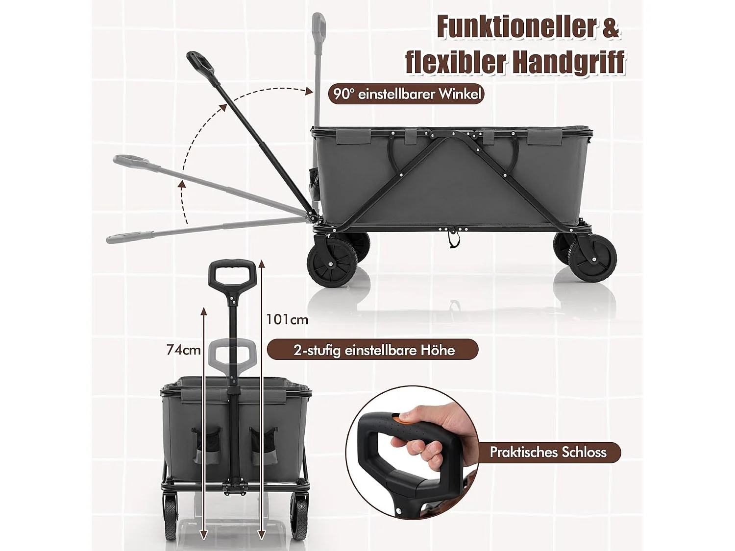 Bolderkar, opvouwbaar, handwagen met verstelbare handgreep, bekerhouders en opbergtas,tuinwagen tot 100 kg belastbaar,transportwagen voor winkelen,kamperen,ZB33965