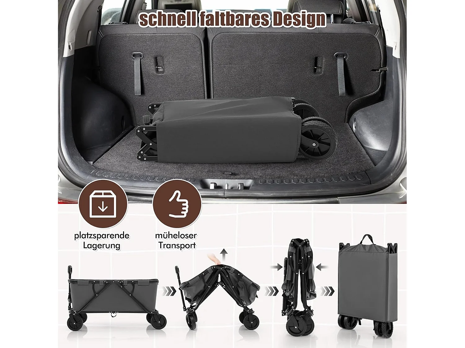 Bolderkar, opvouwbaar, handwagen met verstelbare handgreep, bekerhouders en opbergtas,tuinwagen tot 100 kg belastbaar,transportwagen voor winkelen,kamperen,ZB33965