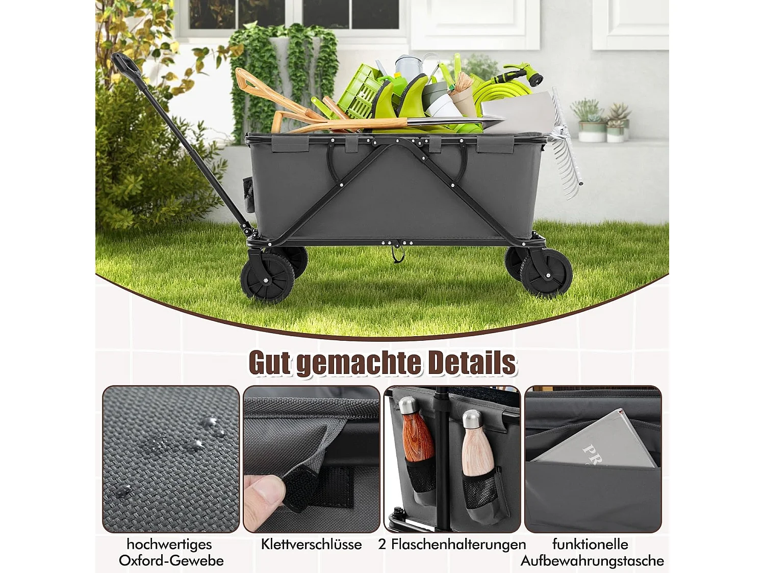 Bolderkar, opvouwbaar, handwagen met verstelbare handgreep, bekerhouders en opbergtas,tuinwagen tot 100 kg belastbaar,transportwagen voor winkelen,kamperen,ZB33965