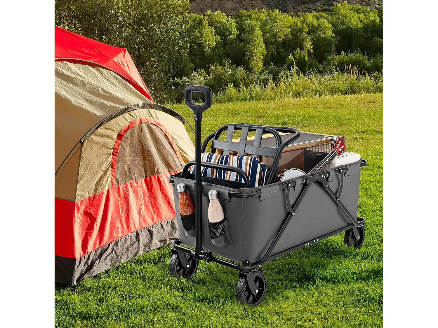 Bolderkar, opvouwbaar, handwagen met verstelbare handgreep, bekerhouders en opbergtas,tuinwagen tot 100 kg belastbaar,transportwagen voor winkelen,kamperen,ZB33965