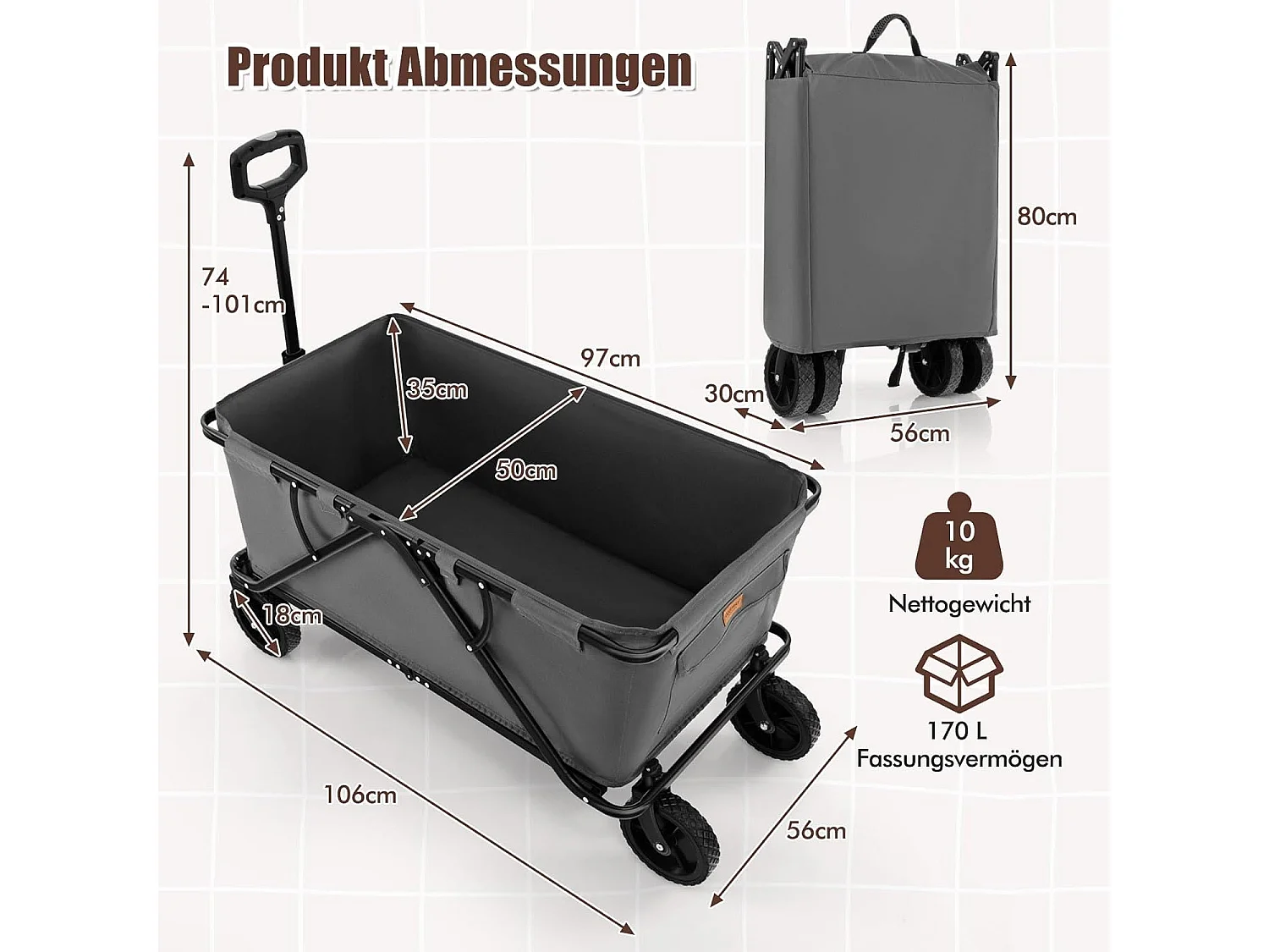 Bolderkar, opvouwbaar, handwagen met verstelbare handgreep, bekerhouders en opbergtas,tuinwagen tot 100 kg belastbaar,transportwagen voor winkelen,kamperen,ZB33965