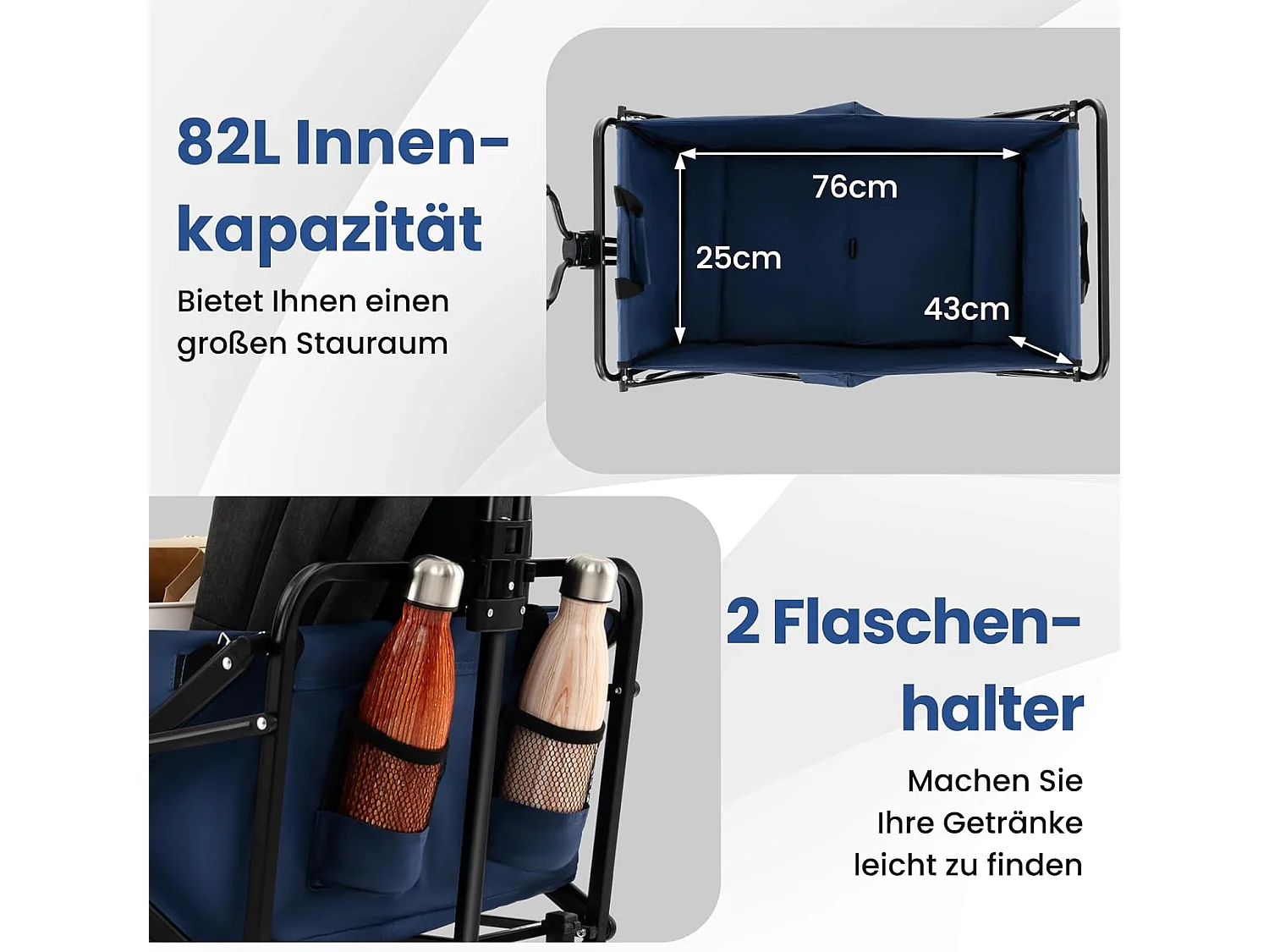 Bolderkar, opvouwbaar, handwagen met verstelbare handgreep en bekerhouders, tuinwagen, belastbaar tot 68 kg, transportwagen voor winkelen, kamperen,ZB33724