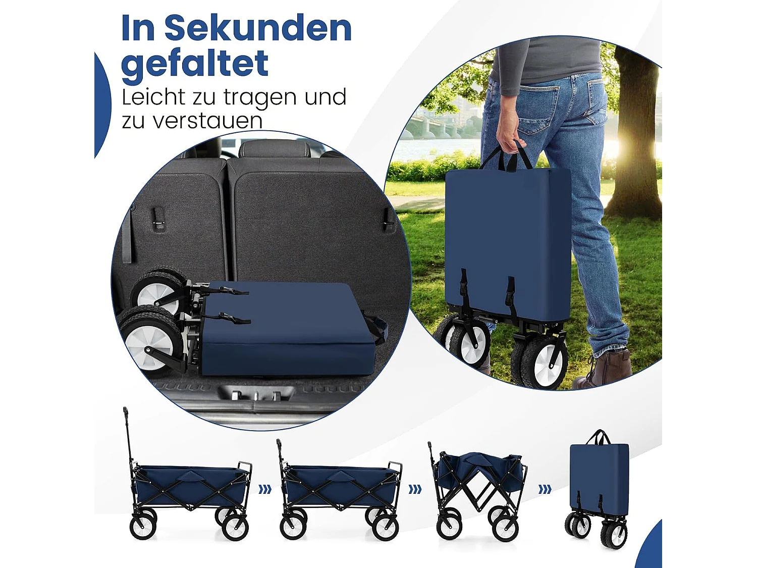 Bolderkar, opvouwbaar, handwagen met verstelbare handgreep en bekerhouders, tuinwagen, belastbaar tot 68 kg, transportwagen voor winkelen, kamperen,ZB33724