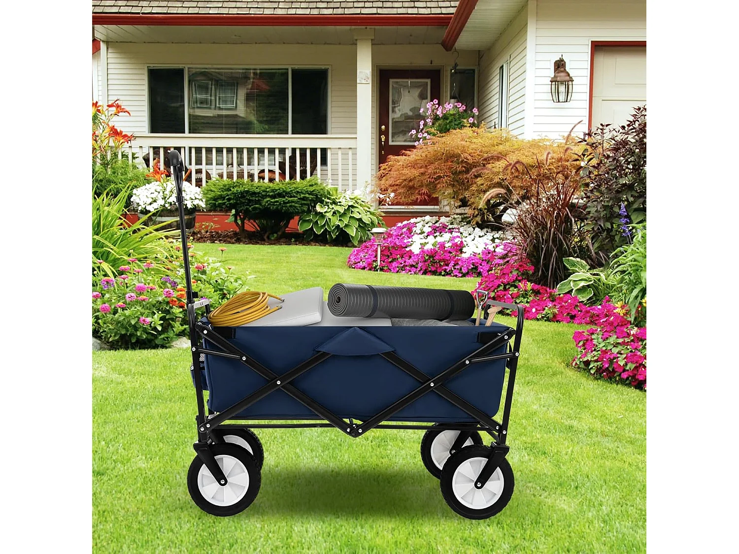 Bolderkar, opvouwbaar, handwagen met verstelbare handgreep en bekerhouders, tuinwagen, belastbaar tot 68 kg, transportwagen voor winkelen, kamperen,ZB33724