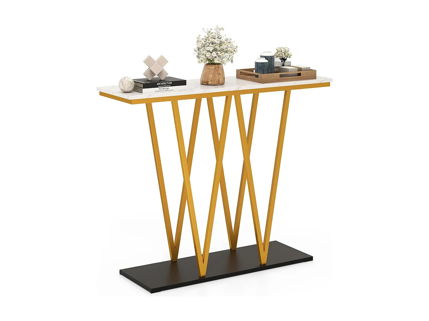Consoletafel 100 cm, haltafel, marmerlook, bijzettafel, goudkleurig metalen frame, voor woonkamer, entree, hal, modernVH34638
