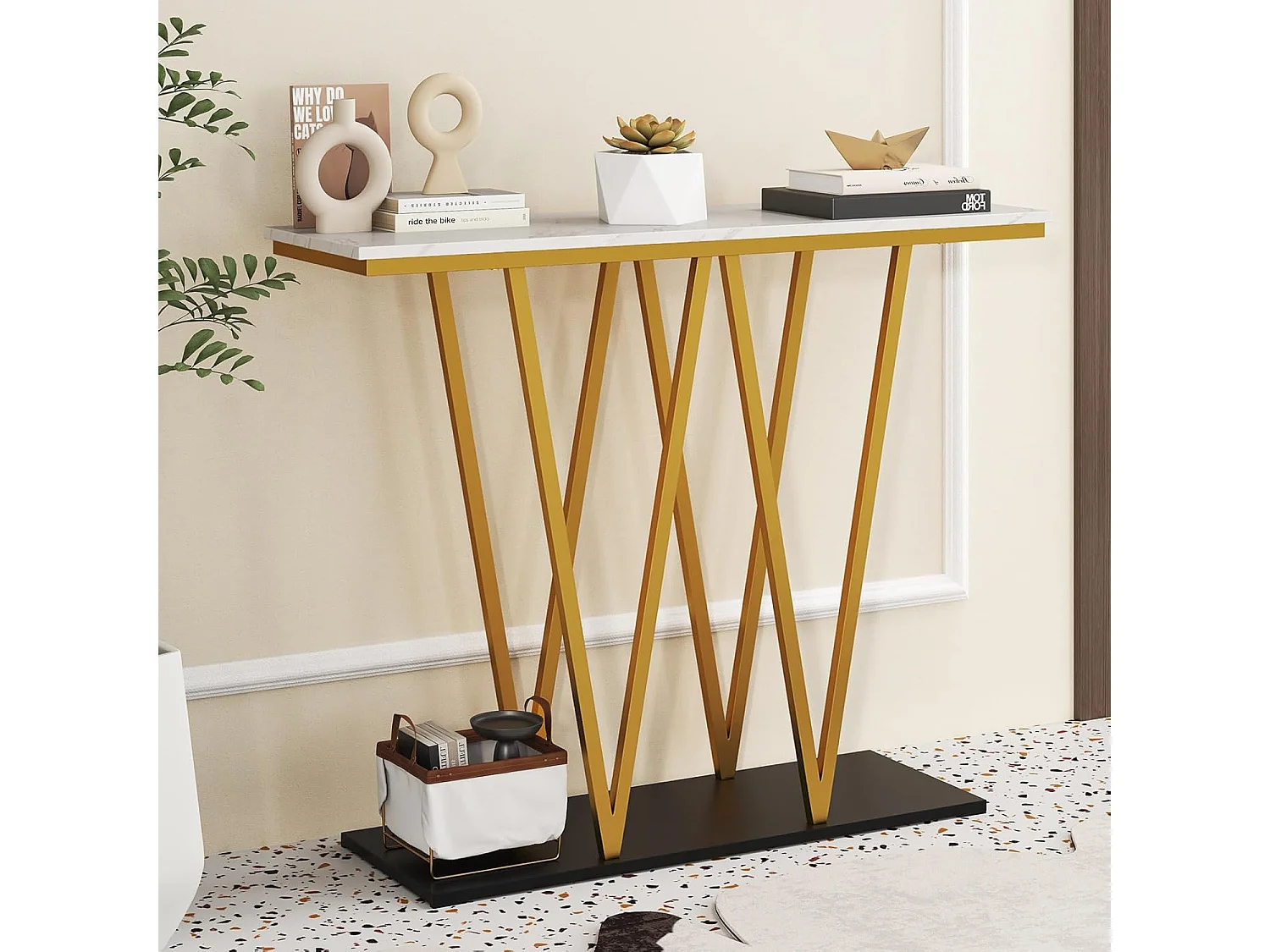 Consoletafel 100 cm, haltafel, marmerlook, bijzettafel, goudkleurig metalen frame, voor woonkamer, entree, hal, modernVH34638