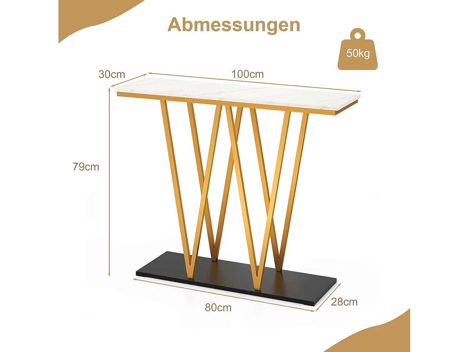 Consoletafel 100 cm, haltafel, marmerlook, bijzettafel, goudkleurig metalen frame, voor woonkamer, entree, hal, modernVH34638