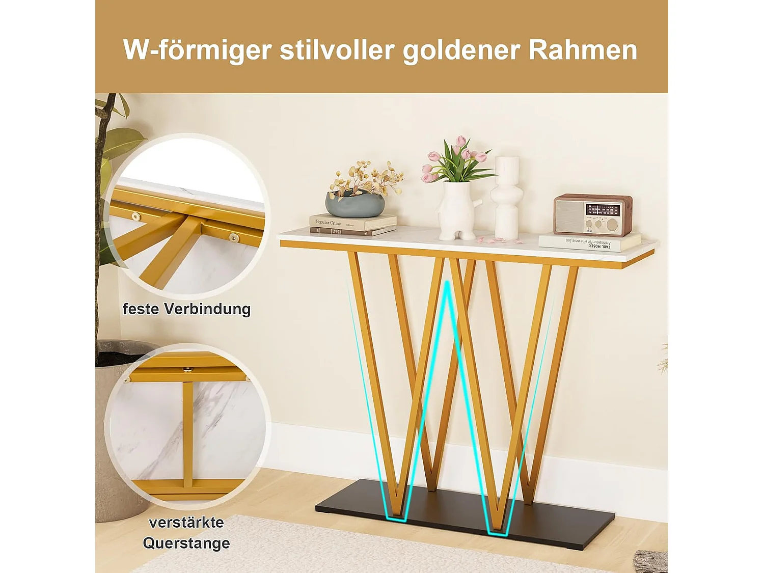 Consoletafel 100 cm, haltafel, marmerlook, bijzettafel, goudkleurig metalen frame, voor woonkamer, entree, hal, modernVH34638