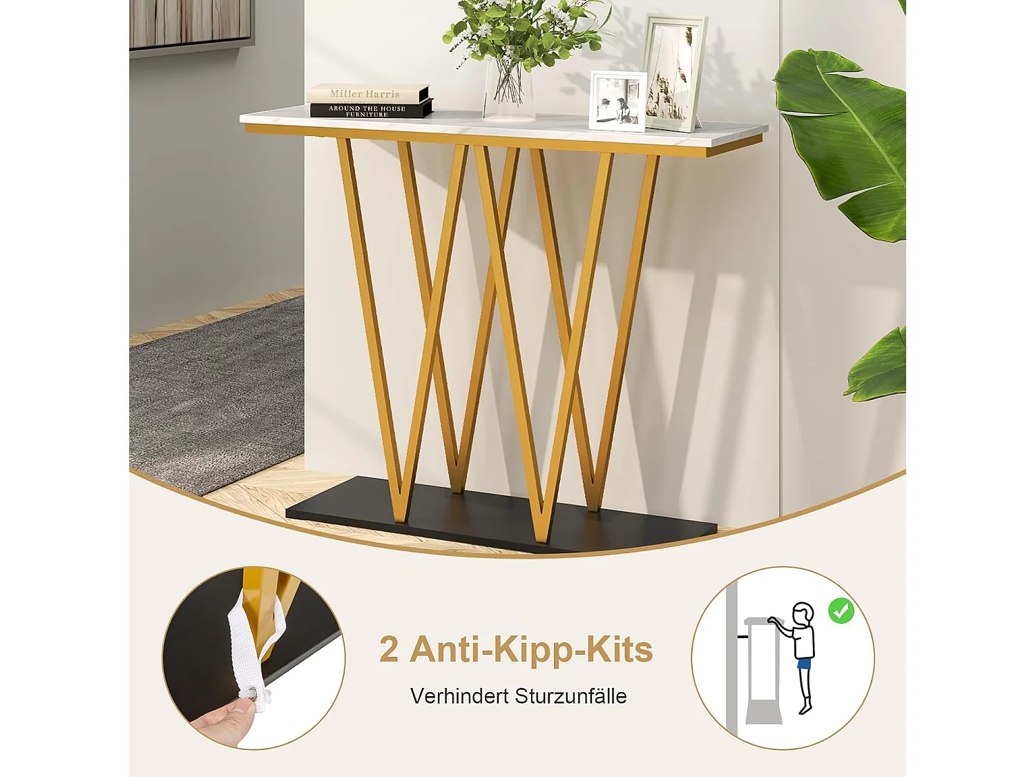 Consoletafel 100 cm, haltafel, marmerlook, bijzettafel, goudkleurig metalen frame, voor woonkamer, entree, hal, modernVH34638