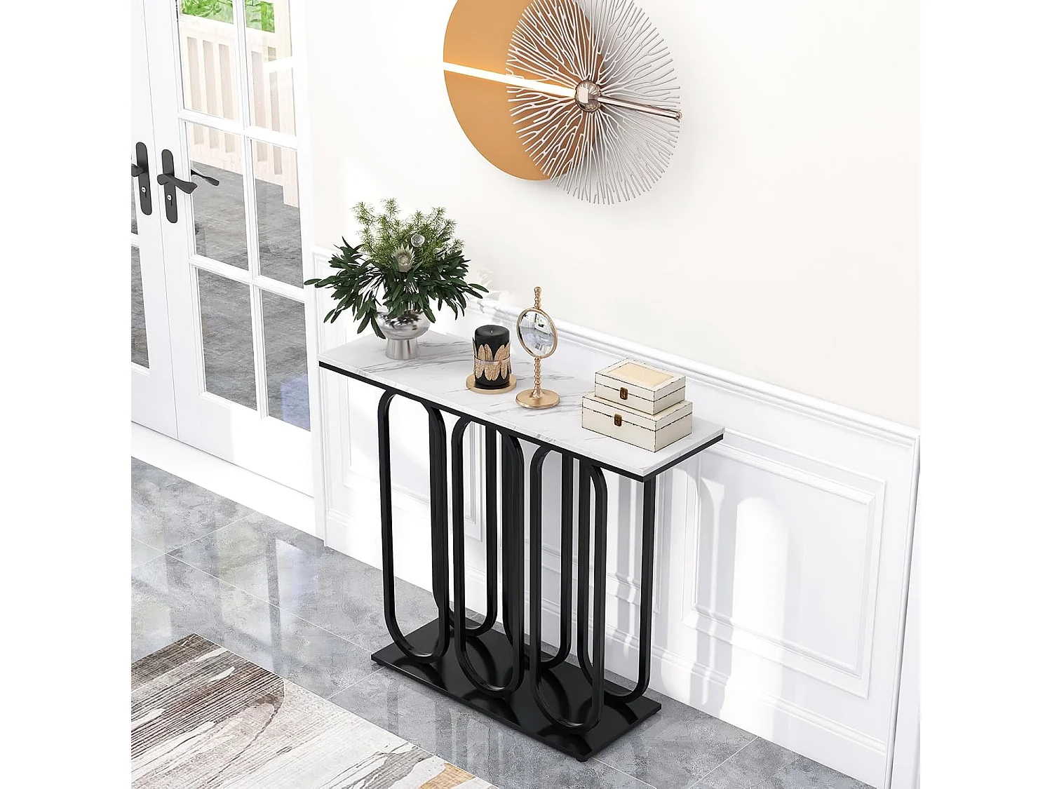 Consoletafel met marmerlook, smalle entreetafel met metalen frame, bijzettafel, voor woonkamer,ingang, 100 x 30 x 80 cm, wit en zwartVH33457