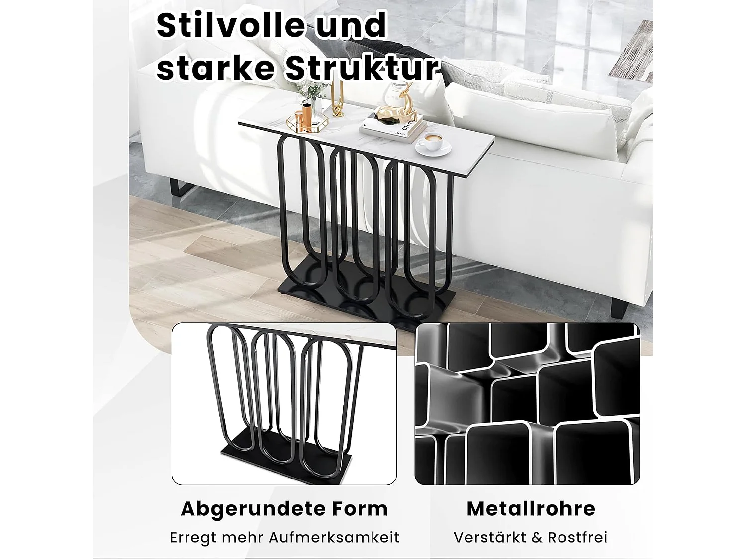 Consoletafel met marmerlook, smalle entreetafel met metalen frame, bijzettafel, voor woonkamer,ingang, 100 x 30 x 80 cm, wit en zwartVH33457